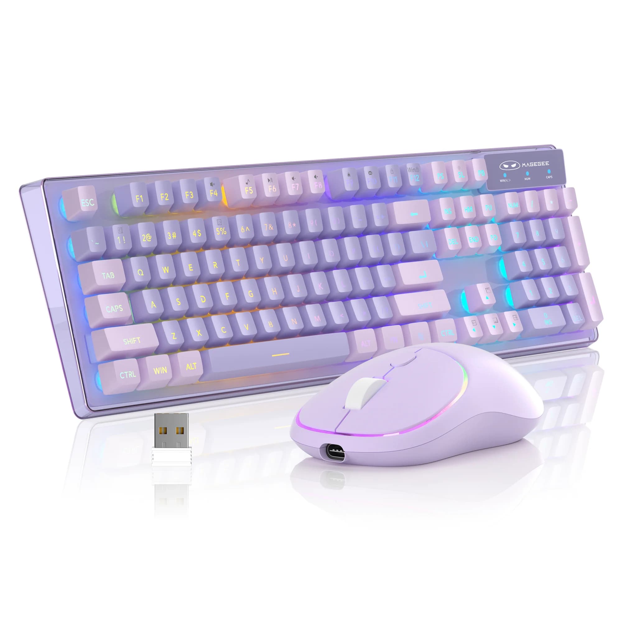 MageGee V550 Wireless Gaming Keyboard and Mouse, Full-size 2.4G RGB LED Computer Keyboard with Clear Shell, Rechargeable