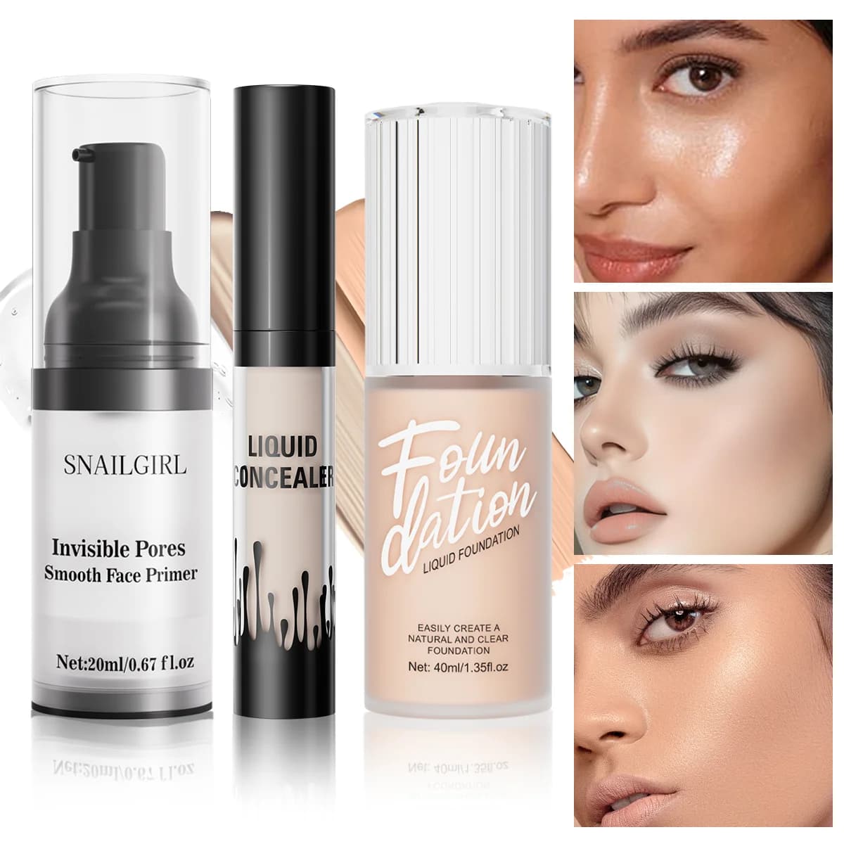 Set trucco viso da viaggio 3 pezzi - Primer, correttore, fondotinta liquido, - Velluto opaco, trucco impermeabile, duraturo, portatile