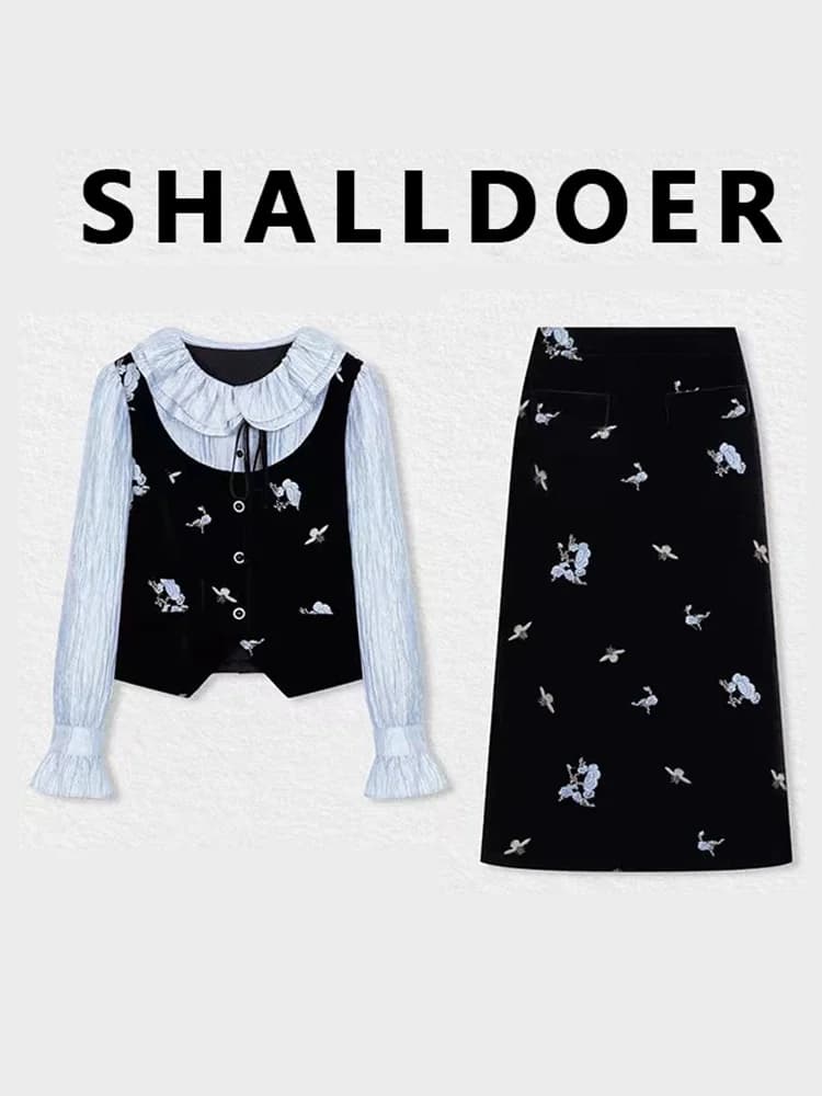 Set Alla Moda con Colletto a Bambola e Maniche Lunghe, Gonna a Vita Alta dal Design Elegante, Traspirante e di Medio Spessore, Set Tre Pezzi per Donna