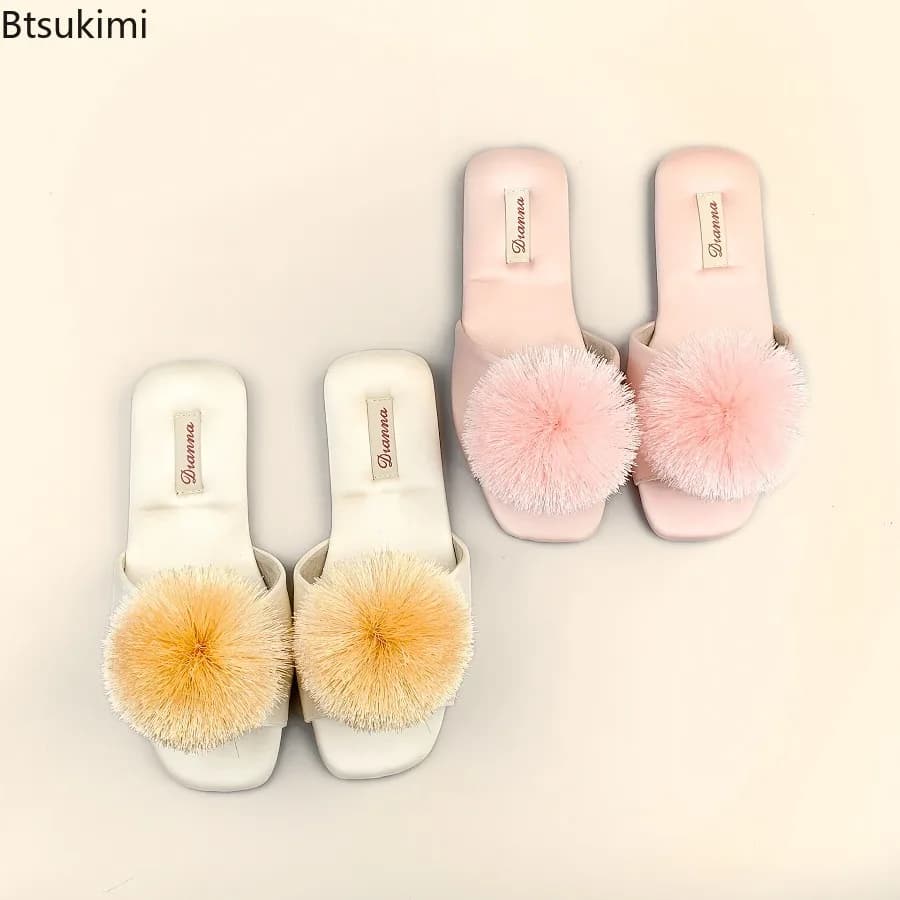 New Fashion Women Satin Slippers with Plush Ball Cute Home Indoor Floor Flat Shoe Ladies Sweety Versatile House Bedroom Slippers