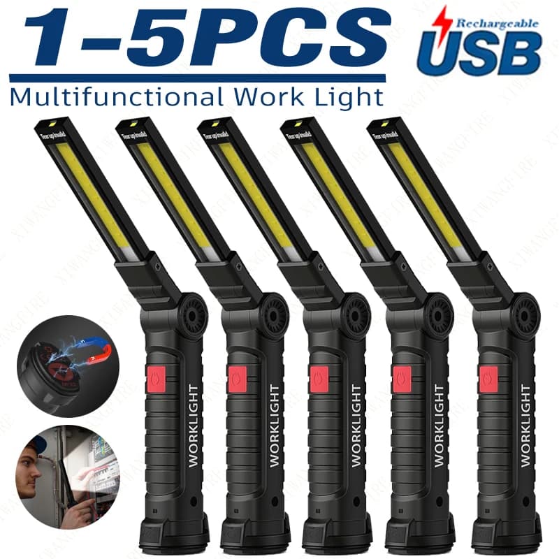 1-5PCS Lampada da lavoro pieghevole multifunzionale Lampada da campeggio portatile Torcia ricaricabile USB con lampada magnetica a batteria incorporata