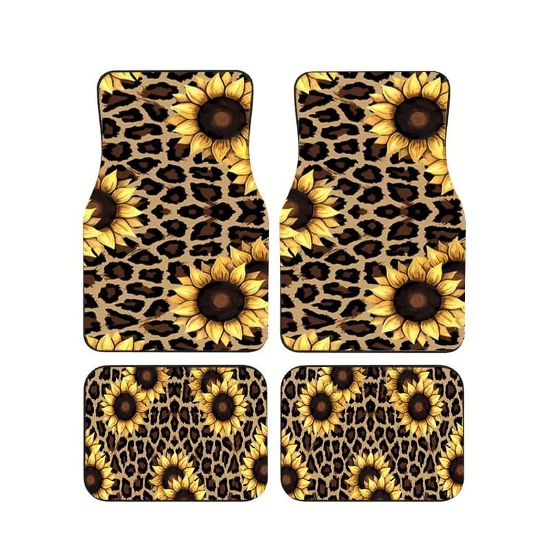 4 tappetini per auto con stampa leopardata e girasole, universali, antiscivolo, impermeabili, per auto, SUV, camion, decorazioni per interni