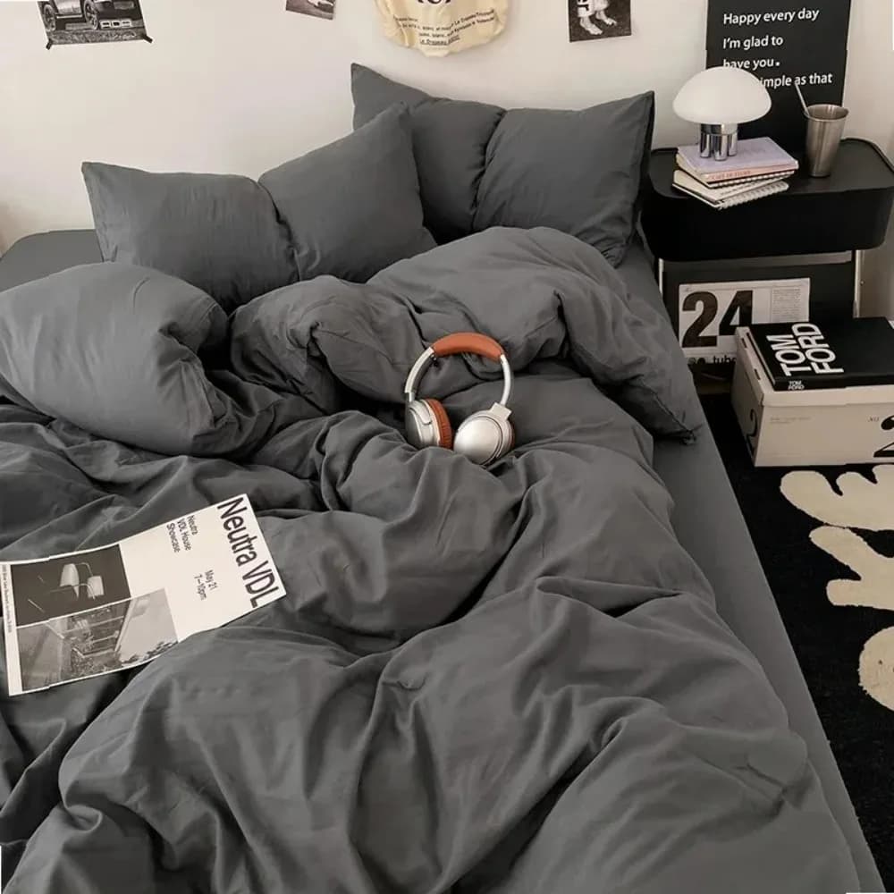 100% Washed Cotton Duvet Cover Set Queen Size 1-Piece, Linen-Touch Soft Breathable Bedding Set, Zipper Closure,Down Duvet Cover