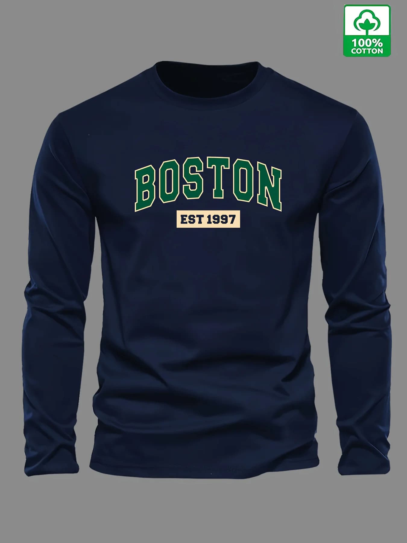 100% cotton men's long sleeves round neckline loose BOSTON EST 1997 letter printed autumn and winter casual versatile T-shirt top