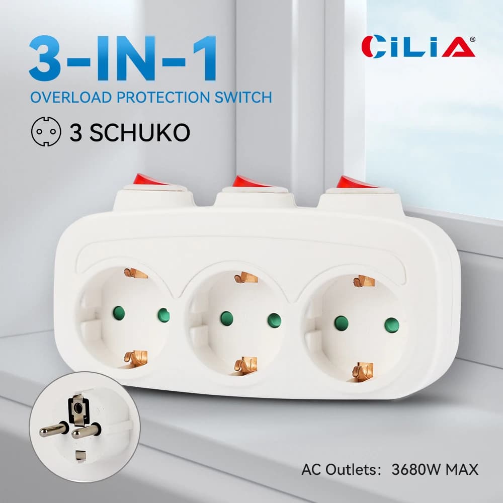 CILIA 1/2pcs EU Plug, 3-in-1, Wall Outlet with 3 Switch Control, Multi-Power Strip, 3 Power Sockets, for Home