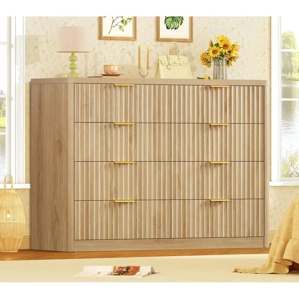 Fluted Dresser for Bedroom with 8 Drawers, 47.2 Wide Modern Chest of Drawers with Metal Handle, Dresser TV Stand, Wood Closet C