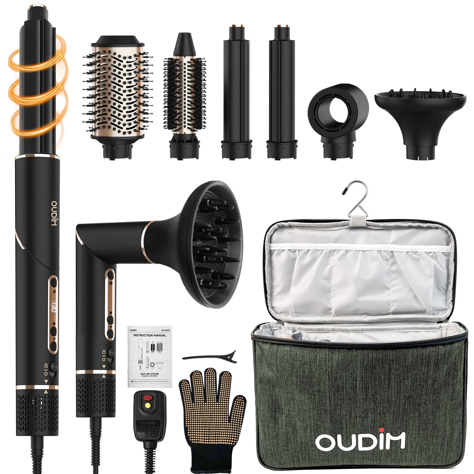 Multi-functional hot air comb 6 in 1, interchangeable head, hair brush with negative ions, inorganic electric brush 110.000 with warm air without crack, hair comb / hair curling