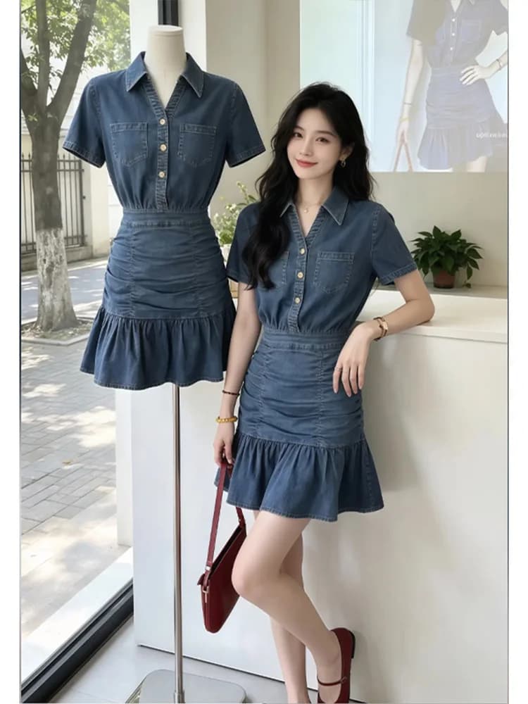 Retro Hong Kong Style Denim Blue Collar Short Sleeve Dress Women Summer Slimming High Waist Flounce Skirt Bodycon Dress