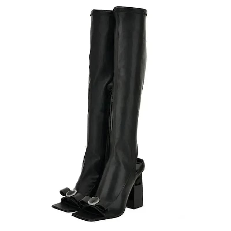 Walking Show High Heel Open Toe Fish Mouth Cool Boot 2026 Spring Autumn New Women Square Head Bow Decoration Knee Long Boots 44