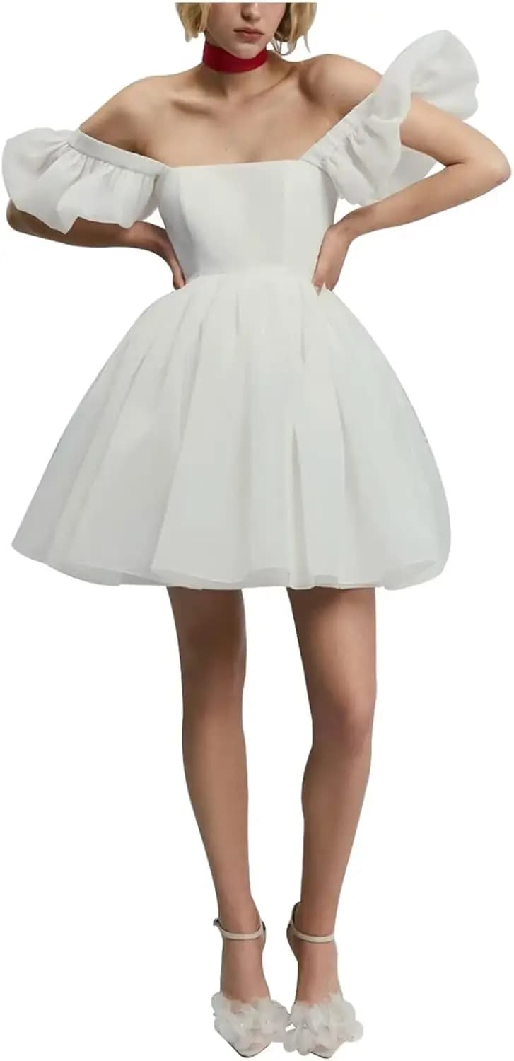 Women's Short Off Shoulder Wedding Dresses for Bride Tulle Puffy Mini Bridal Dress A Line Party Homecoming Graduation Dress