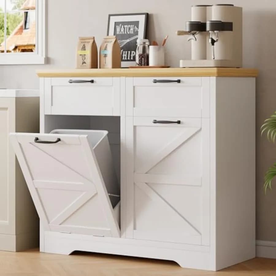Double Tilt Out and Push-Open Trash Can Cabinet, 2x10 Gallon Freestanding Hidden Garbage Recycling Bin with Drawer and Laundry