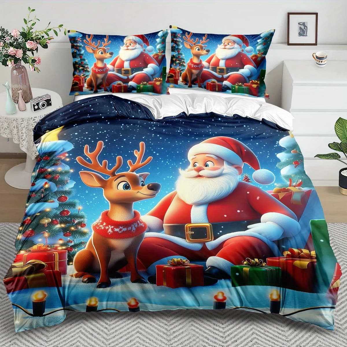 2/3 pezzi Set biancheria da letto blu Babbo Natale Set copripiumino con renna di Natale Set copripiumino per albero di Natale Arredamento camera da letto Camera degli ospiti