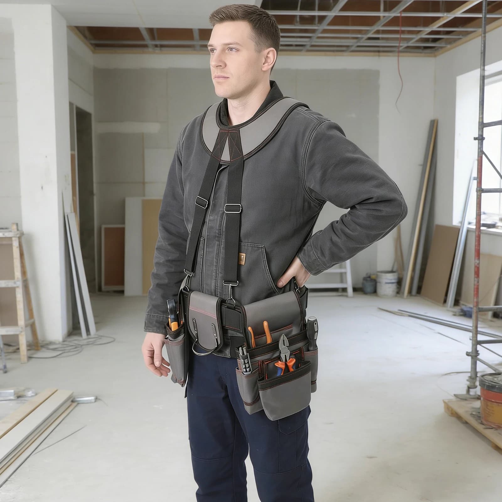 600D Oxford Fabric Multifunctional Tool Belt with Suspenders, Grey Heavy Duty Shoulder Waist Mounted Tool Bag, Adjustable Length, for Electrician Carpenter Woodworker Construction Use