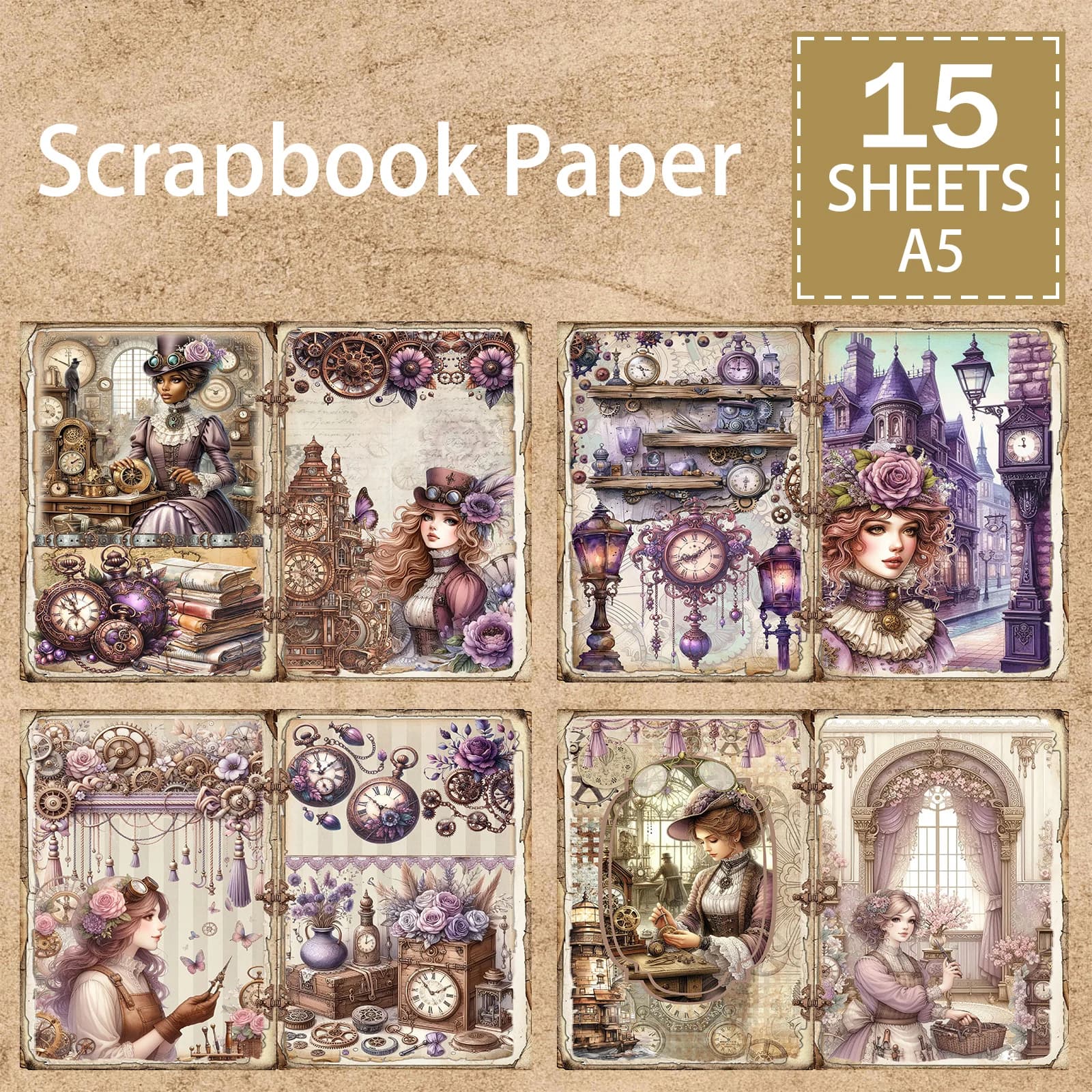 15 fogli formato A5 Steampunk Gear dirigibile orologio ragazza sfondo vintage grunge diario pianificazione scrapbooking