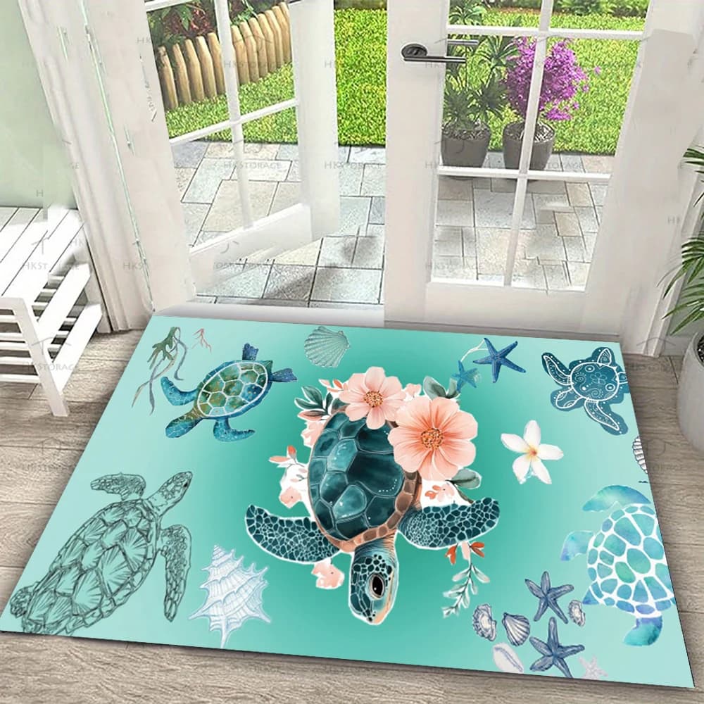 Ocean Animal Welcome Mat Blue Base Sea Turtle Shell Wave Print Non-slip Indoor Outdoor Entry Decor Doormat
