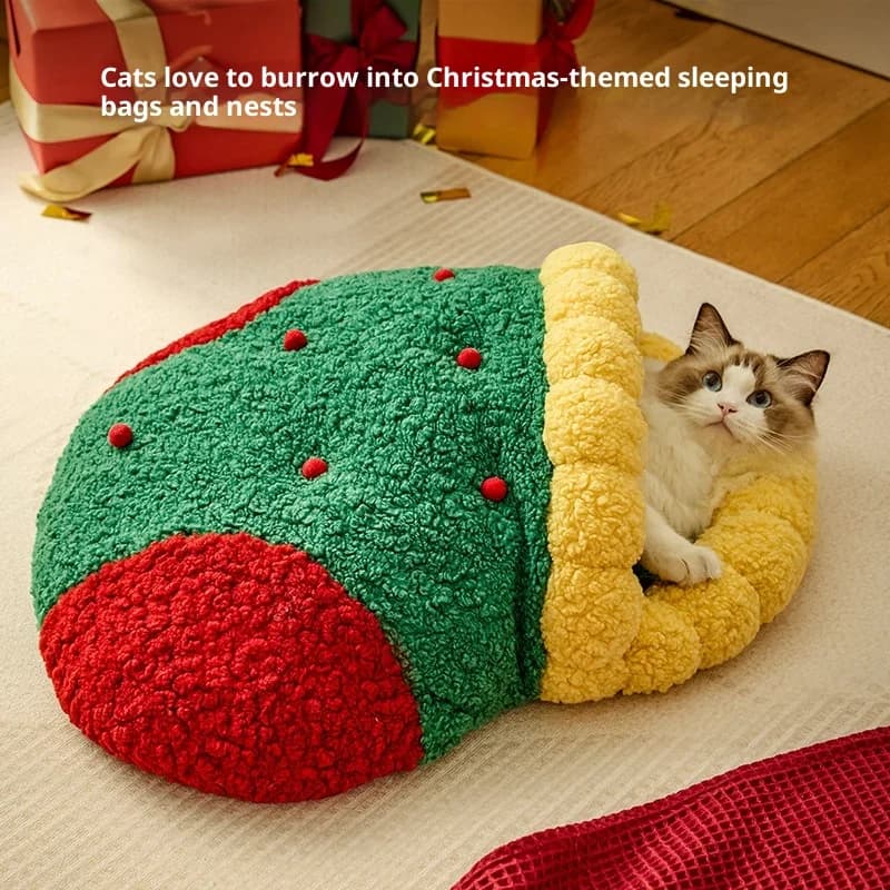 Letto per gatti caldo autunno e inverno Letto per cani semichiuso per sonno profondo Letto caldo Nuovo nido per gatti di Natale