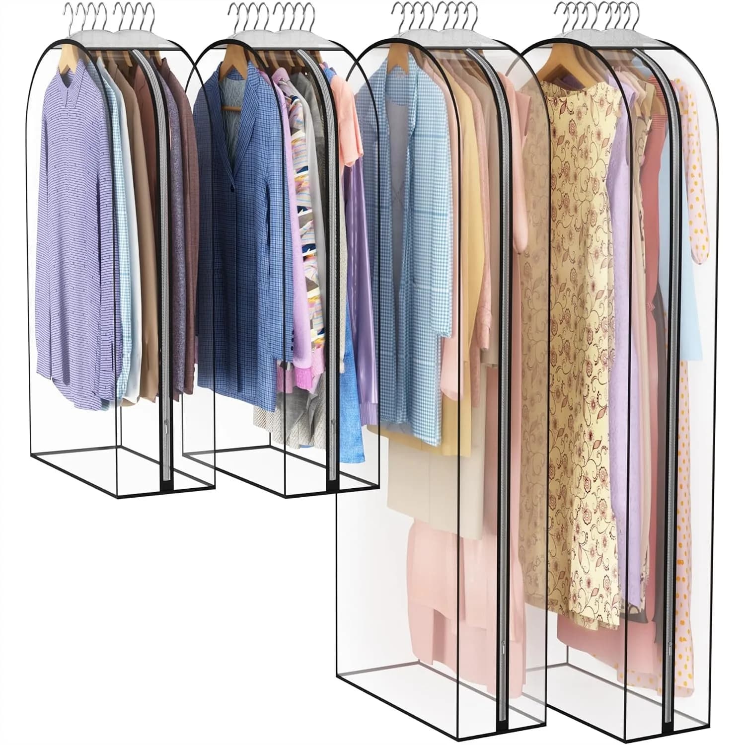 Clear Garment Bags for Hanging Clothes with 10" Gusset, 4 Pack, 40" & 60" Long, Side Zipper, Breathable Top, Keep Clothes