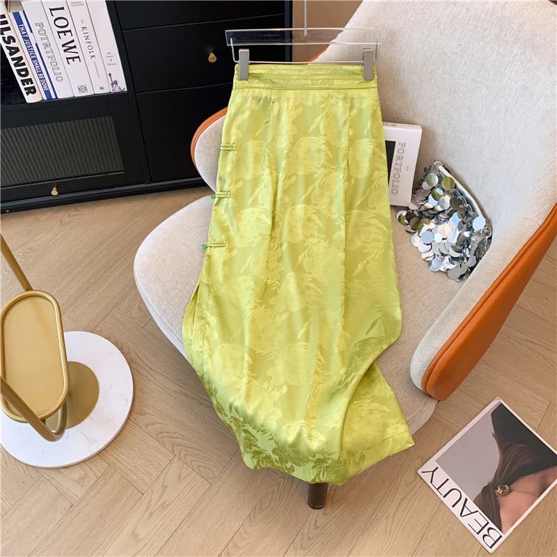 Gonna a vita alta verde con smock, gonna estiva da donna a vita alta con bottoni tradizionali, gonna a tubo dritta stile pendolare