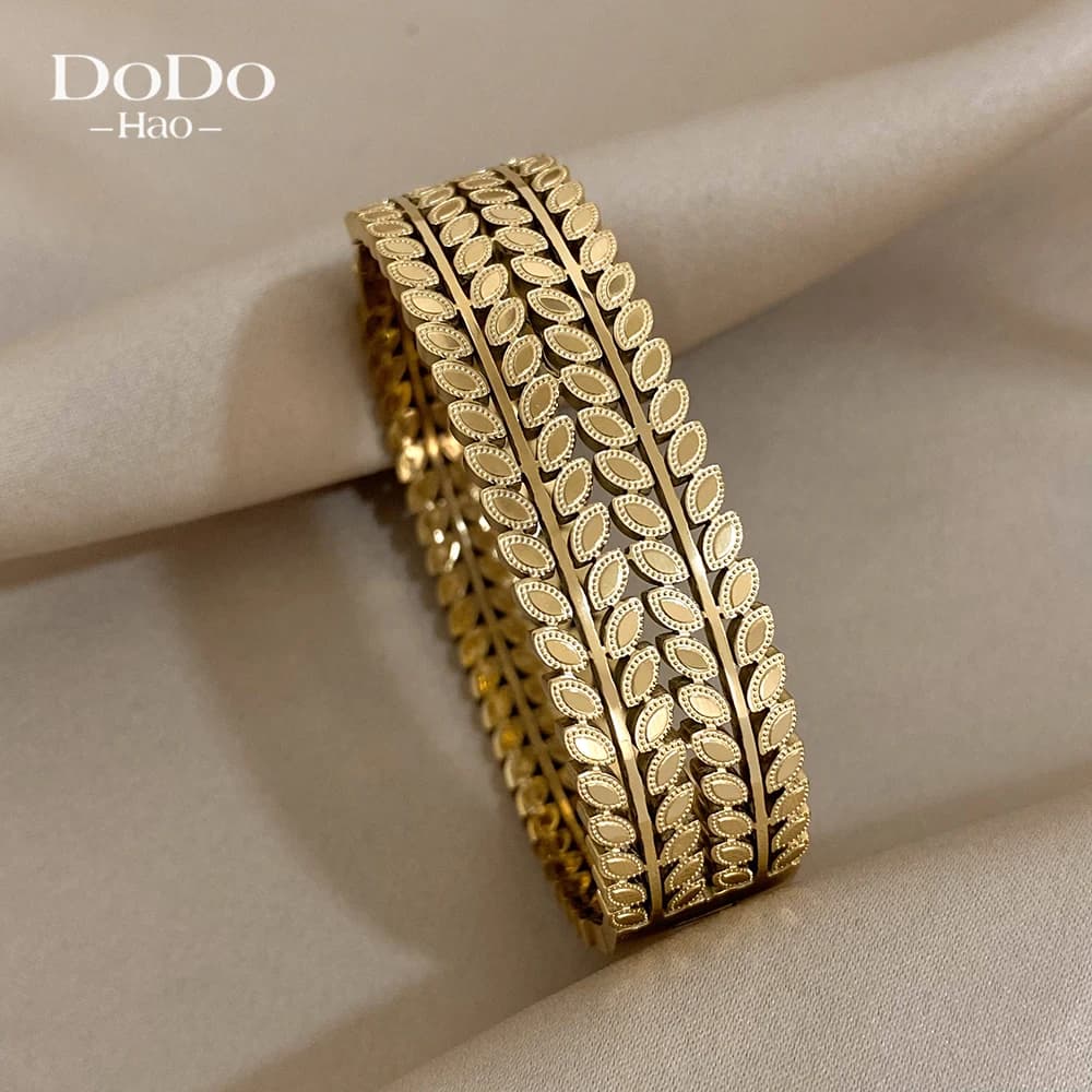 Bracciale largo vintage in acciaio inossidabile con foglie cave per uomo donna Bracciale doppio polsino con foglia dorata di lusso impermeabile Jewe