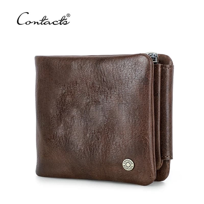 Portafoglio da uomo in vera pelle CONTACT'S, piccolo, casual, a tre ante, con protezione RFID, tasca portamonete con cerniera, porta carte da uomo