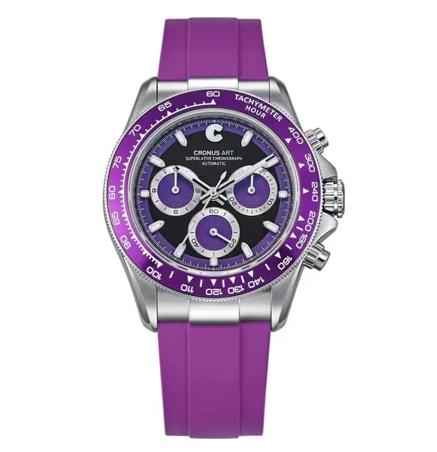 CRONUSART Men Automatic Watch 40mm Chronograph Mechanical Wristwatch Luminous Skeleton Dial Fluororubber Strap Ceramic Bezel