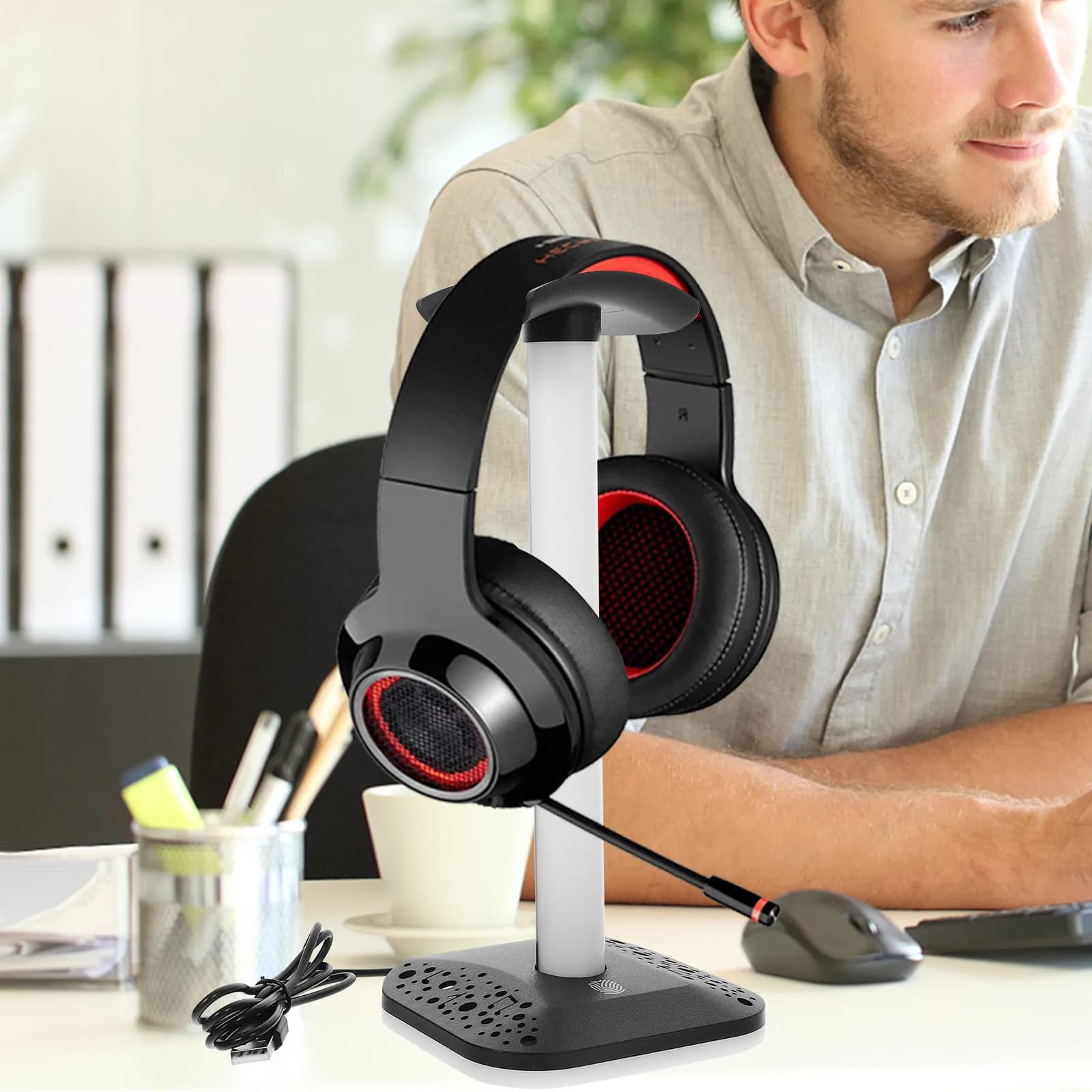 Supporto per Cuffie da Scrivania in Plastica Lucida, Organizzatore Stabile per Cuffie Gaming, Porta Cuffie