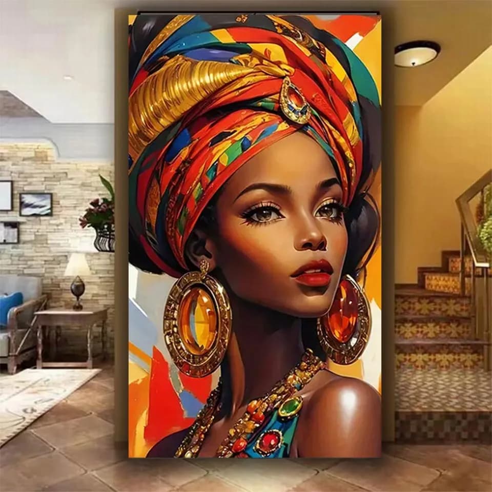 Vibrant African American Woman Colorful Turban Diy diamond painting New 2026 Wall art Mosaic Jewelry cross stitch christmas Gift