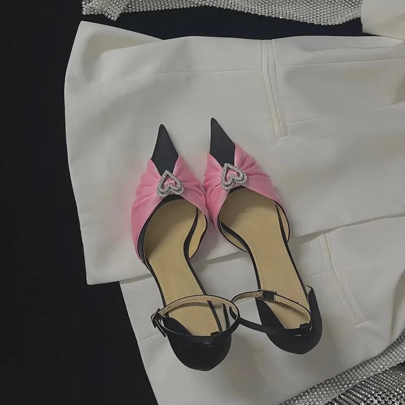 Love Rhinestone Bow High Heels French Celebrity Pointed Thin Heel Hollow Baotou Women's Sandals