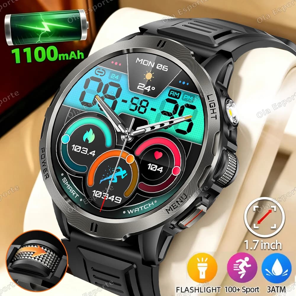 2026 New Military 1100mAh Battery Smart Watch Men 3ATM Waterproof Compass LED Flashlight 1.7-inch AMOLED HD Display Smartwatch
