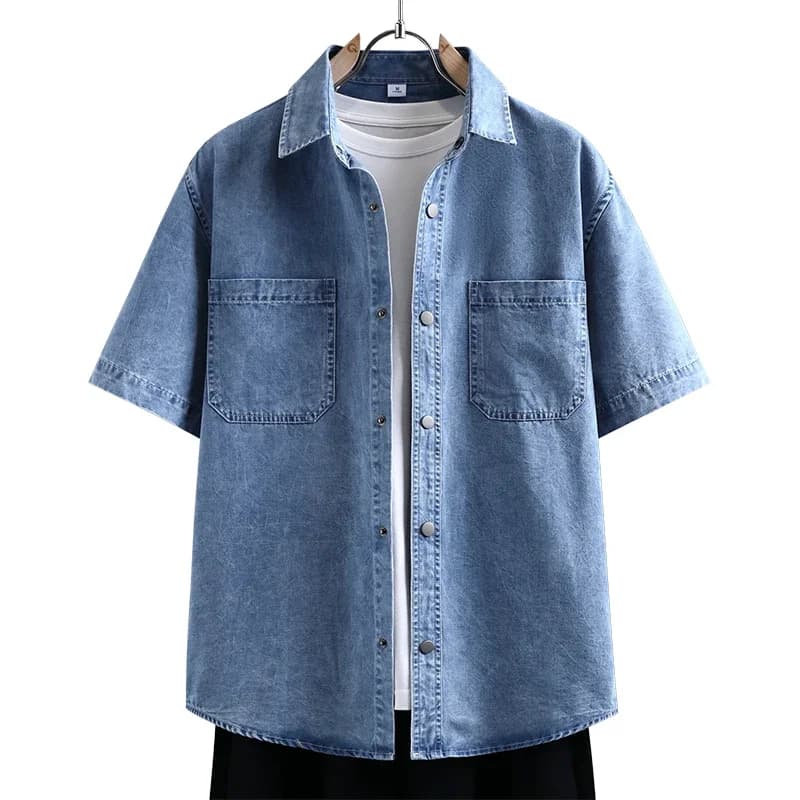 Camicia in Denim Sottile da Uomo, Nuova Moda Estiva, Traspirante, in Misto Cotone, Manica Corta, Tinta Unita, per Uso Quotidiano e Streetwear