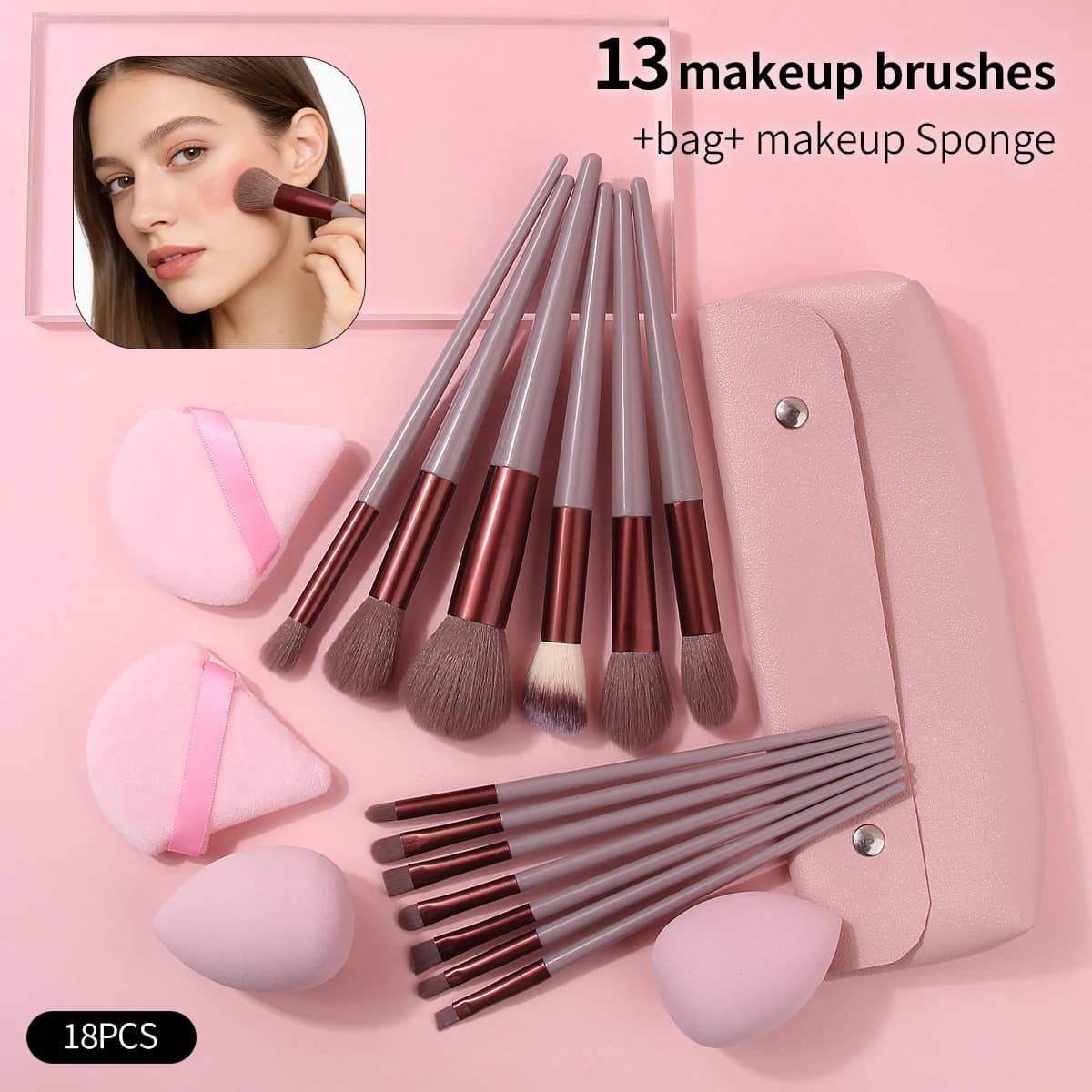 18 piece professional makeup brush set - Multifunctional face brush set + soft makeup sponge + portable transport bag