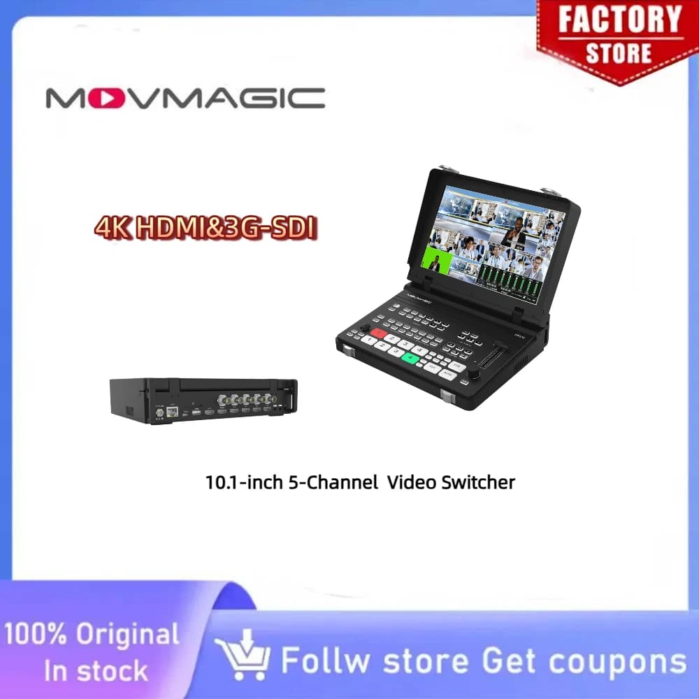 MOVMAGIC MF10S Switcher 4K 5CH con Schermo 10.1" HDMI 3G-SDI, 8 Strati Chroma Key e Controllo PTZ per Studio Virtuale e Live