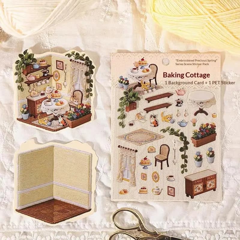 New 1Set Spring DIY Decals Creative 3D Scenes Cartoon Landscape Stickers For Card Collage Junk Journal Scrapbook Decor