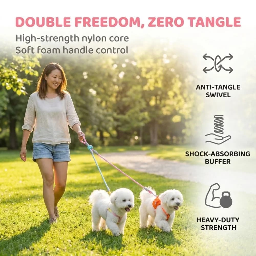 Gradient Color Dual Dog Leash Set 360° Swivel Adjustable Dual Handle Lead Hands Free Reflective Stitching Twin Lead for Two Dogs