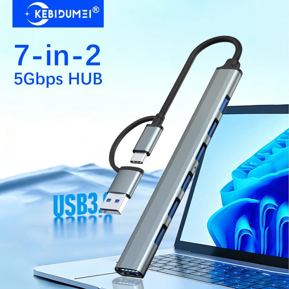 KEBIDUMEI Hub USB 3.0 7-in-2, 5Gbps, Docking Station USB C, Splitter USB 3.0, Adattatore OTG da TYPE-C a USB 3.0/2.0 per PC e Laptop