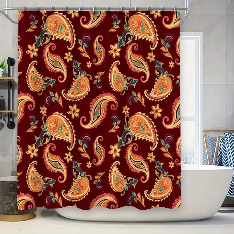Tenda da doccia con motivo in tessuto poliestere con stampa floreale in sfondo rosso per decorazioni da bagno.