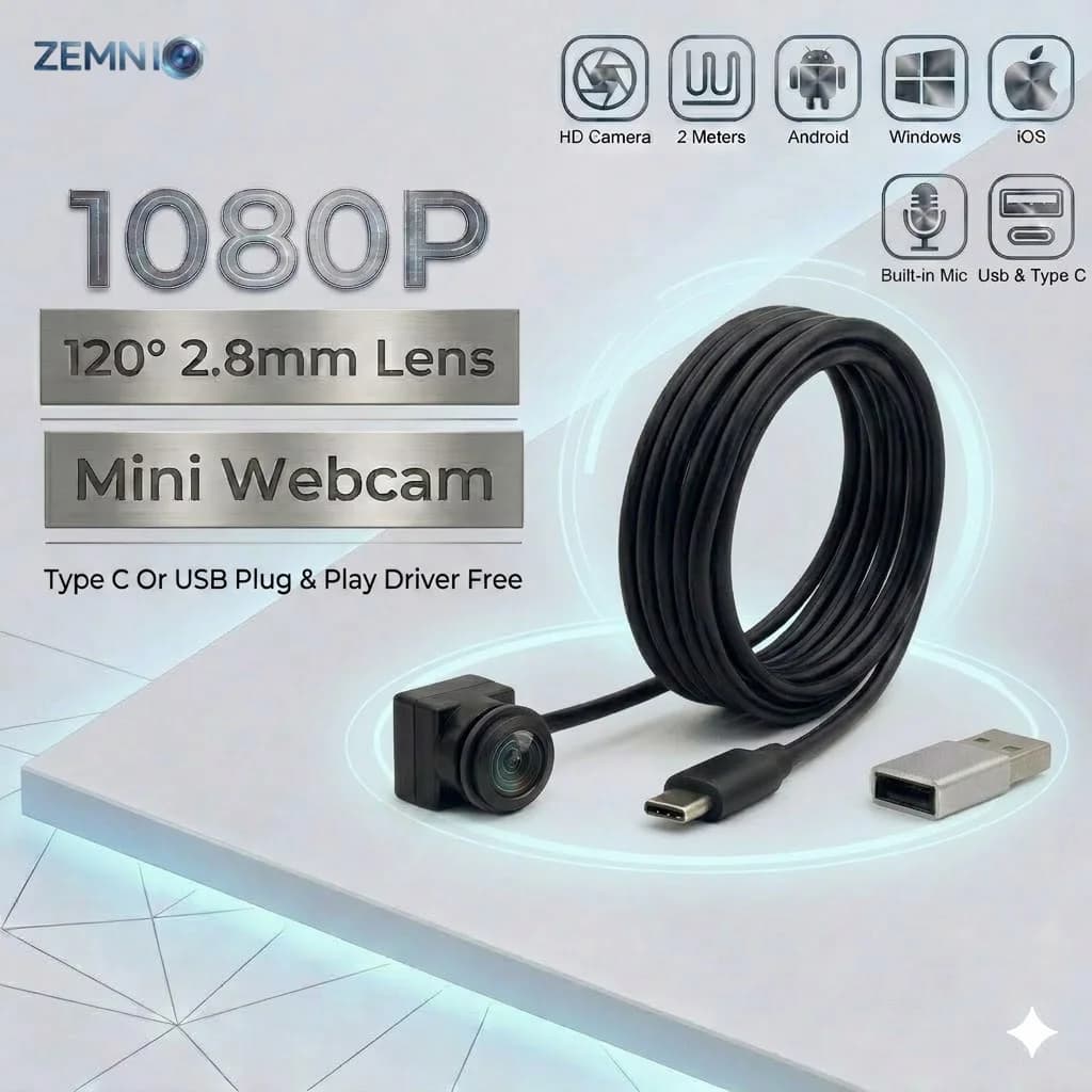 Mini webcam USB Type-C con microfono, obiettivo 2,8/3,7 mm 1080P HD, adattatore da Type-C a USB, per PC/Android/iOS, CCTV per esterni, casa e ufficio
