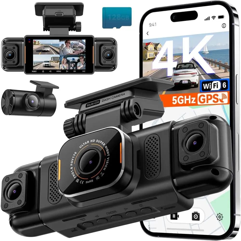 Dash Cam 4K a 4 Canali con Visione a 360 Gradi ° Visione Panoramica, Telecamera Posteriore e Interna 1080P, WiFi 5G, 6MP, GPS, 8 LED IR, Sensore G, Monitoraggio Parcheggio 24H