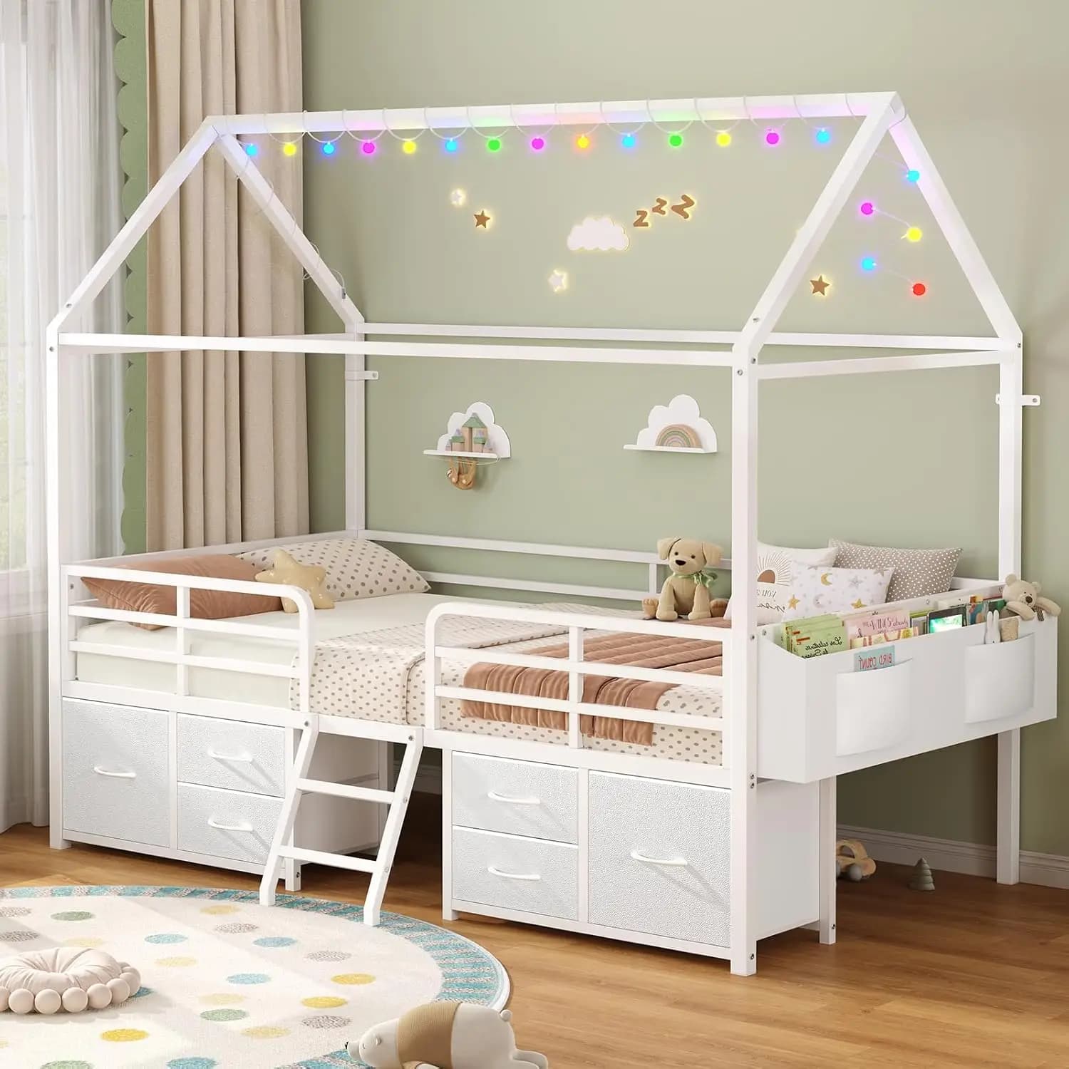 Struttura letto doppia con 6 cassetti, letto per la casa con luci a corda a globo plug-in, letto per bambini in metallo con guardrail di sicurezza e La inclinata