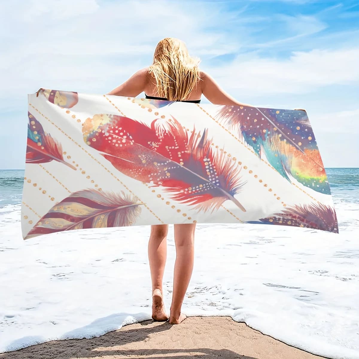 Bohemian Colorful Feather Dreamcatcher Print Beach Towel Ethnic Tribal Style Soft Microfiber Large Bath Towel For Festival