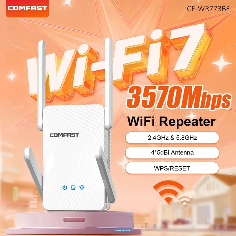 Comfast 2.4G/5G 3578Mbps WIFI7 Ripetitore WiFi Estensori Wifi 1*1000M Porta RJ45 Amplificatore di segnale WIFI 4*5dBi Antenna WPS/Reset