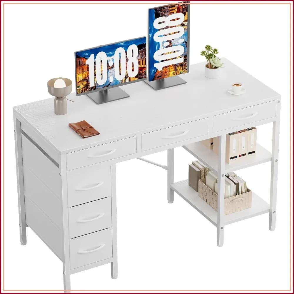 47" Computer Desk with 6 Drawers & Storage Shelves, Home Office Gaming Desk for Bedroom, Writing Study Corner Work Table, White