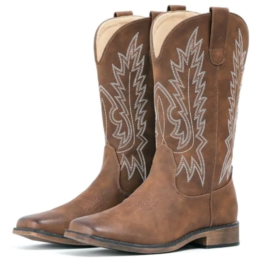 IUV Cowboy Boots For Women Square Toe Wide Western Boots Mid Calf Cowgirl Boots Pull On Embroidered Cowboy Boots