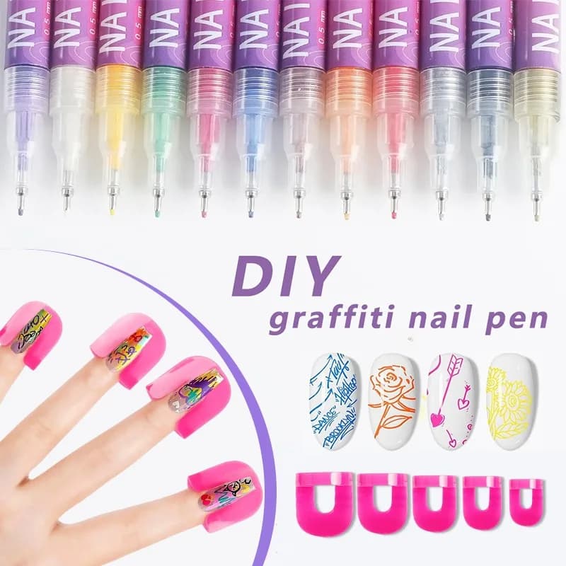1Set 12 Colors Nail Art Pen Waterproof Paint Pen & 26pcs/set 10 Sizes G Curve Shape Varnish Shield Nail Protector Nail Art Tools