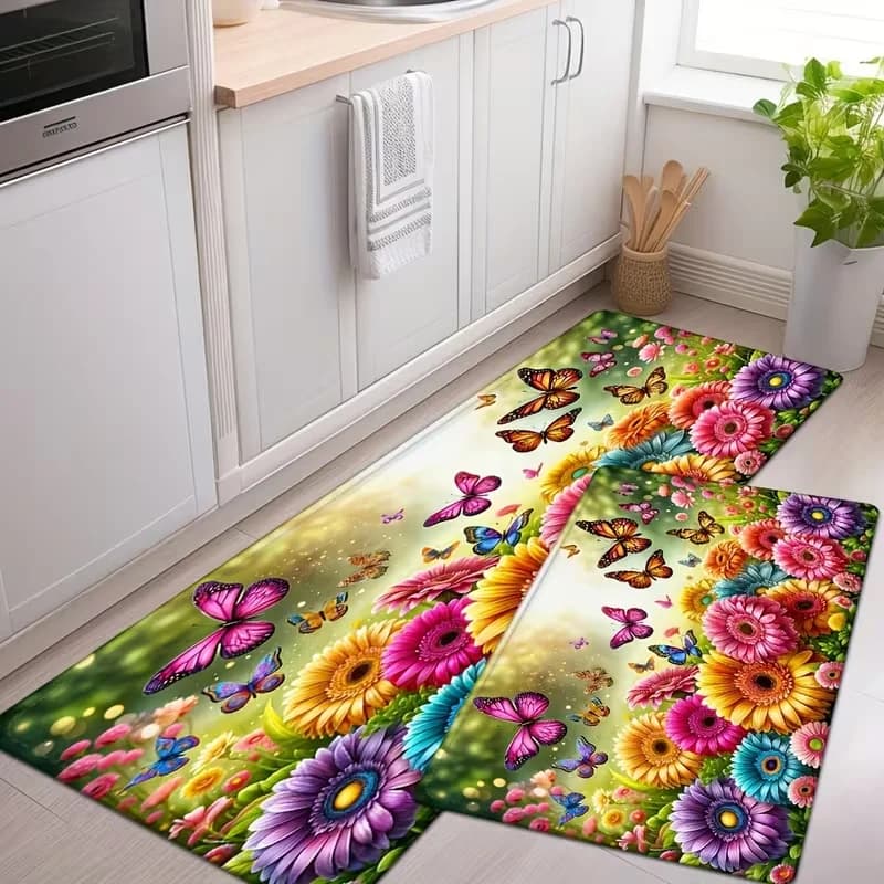 Tappetino da cucina con stampa di farfalle e girasoli allegri, antiscivolo, comodo tappetino per soggiorno, camera da letto, lavanderia, ufficio