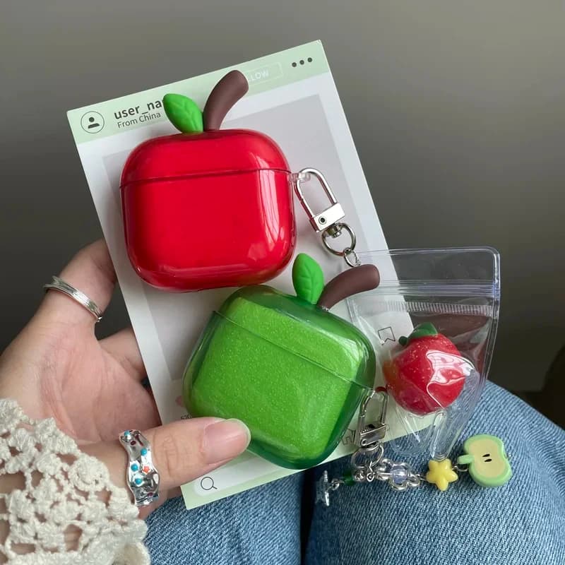 Custodia Morbida Traslucida Rossa e Verde a Forma di Mela per Auricolari AirPods Pro 3, 4, Pro 2, 3, AirPods, AirPod Pro 2, Pro 3 - Cover Carina con Ciondolo IMD