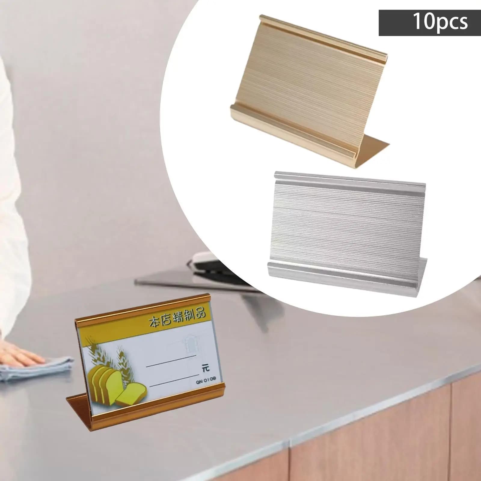 Porta cartellino del prezzo da tavolo Espositore per etichette in lega di alluminio Etichetta adesiva personalizzata compatibile per hotel al dettaglio in ufficio