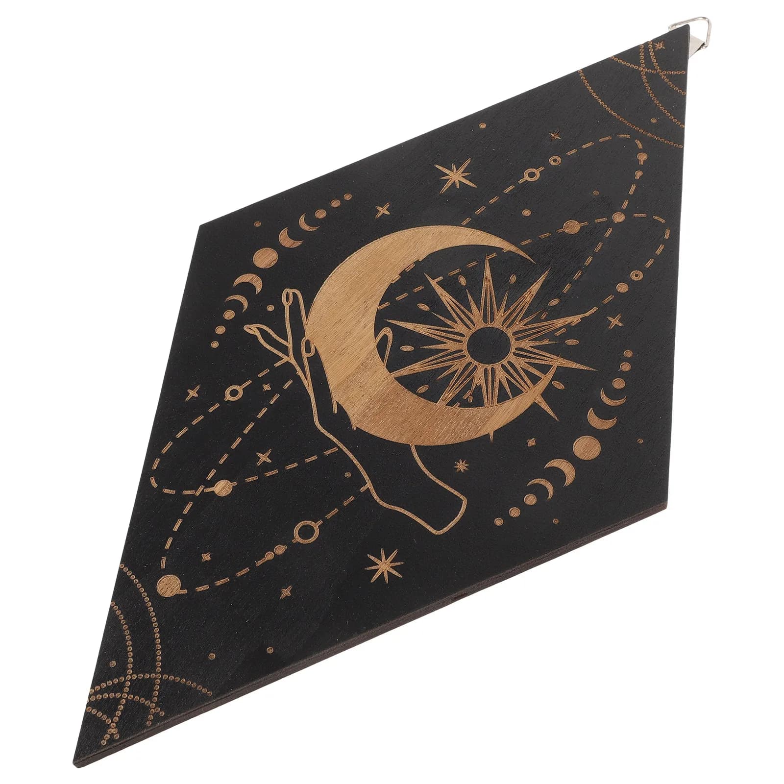 Decorazione Murale Boho, Segno Triangolare Solare con Pendolo, Arte in Legno da Appendere, Ornamento per la Casa, Adesivo da Parete