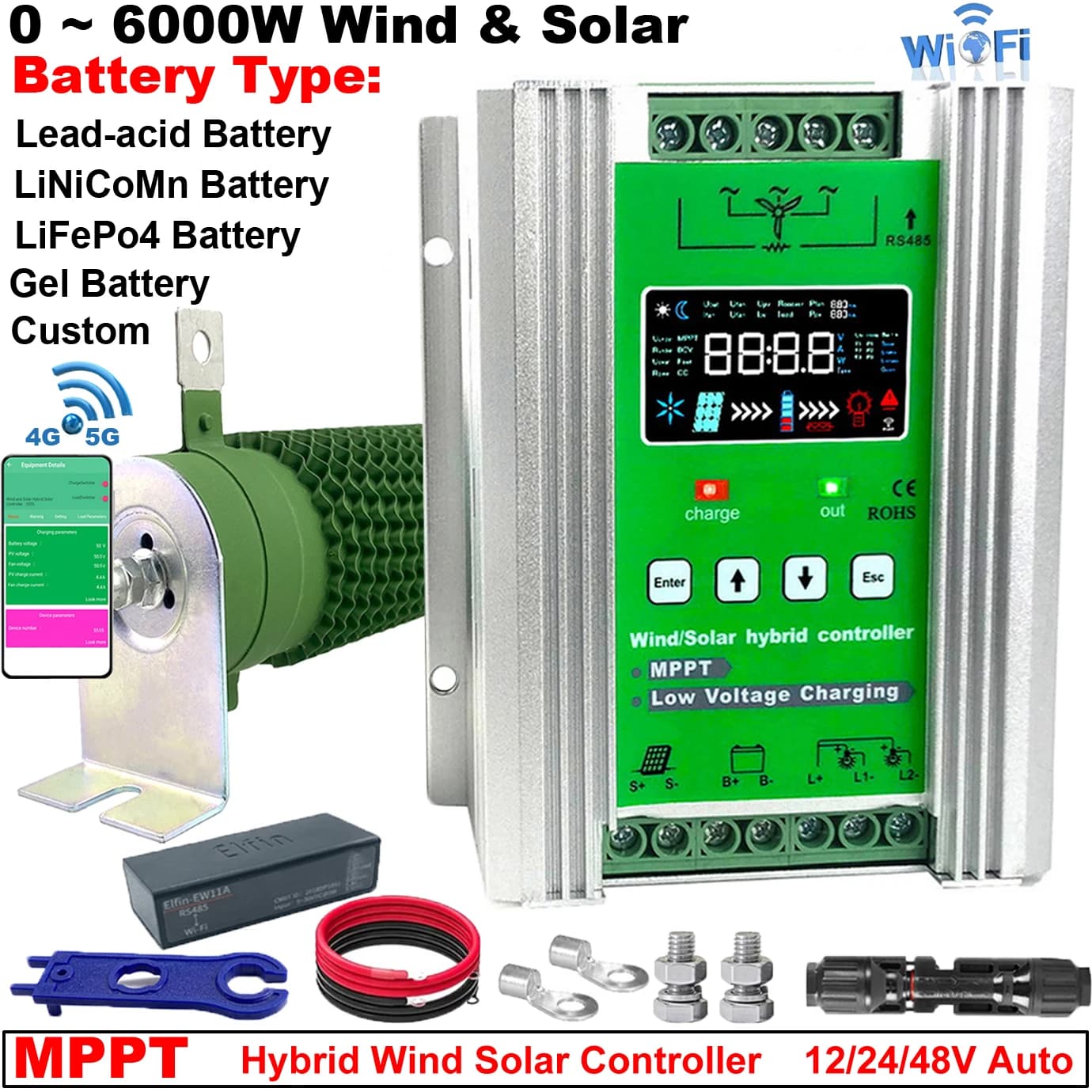 Regolatore di Carica Ibrido MPPT 3000W 12V 24V 48V per Generatore Eolico e Pannello Solare con Display LCD e Funzione Dump Load per Sistemi Domestici