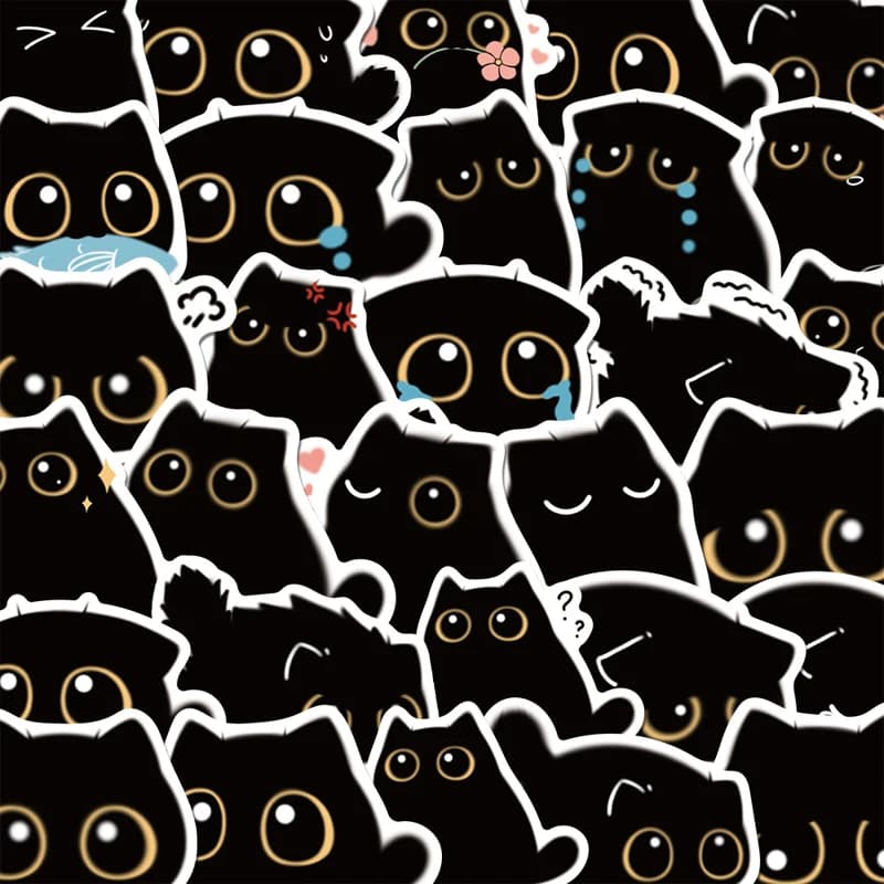 Confezione da 80 adesivi gatto nero carino Kawaii Confezione di adesivi in bianco e nero per bottiglie d'acqua Adesivi decalcomanie in vinile estetico impermeabile